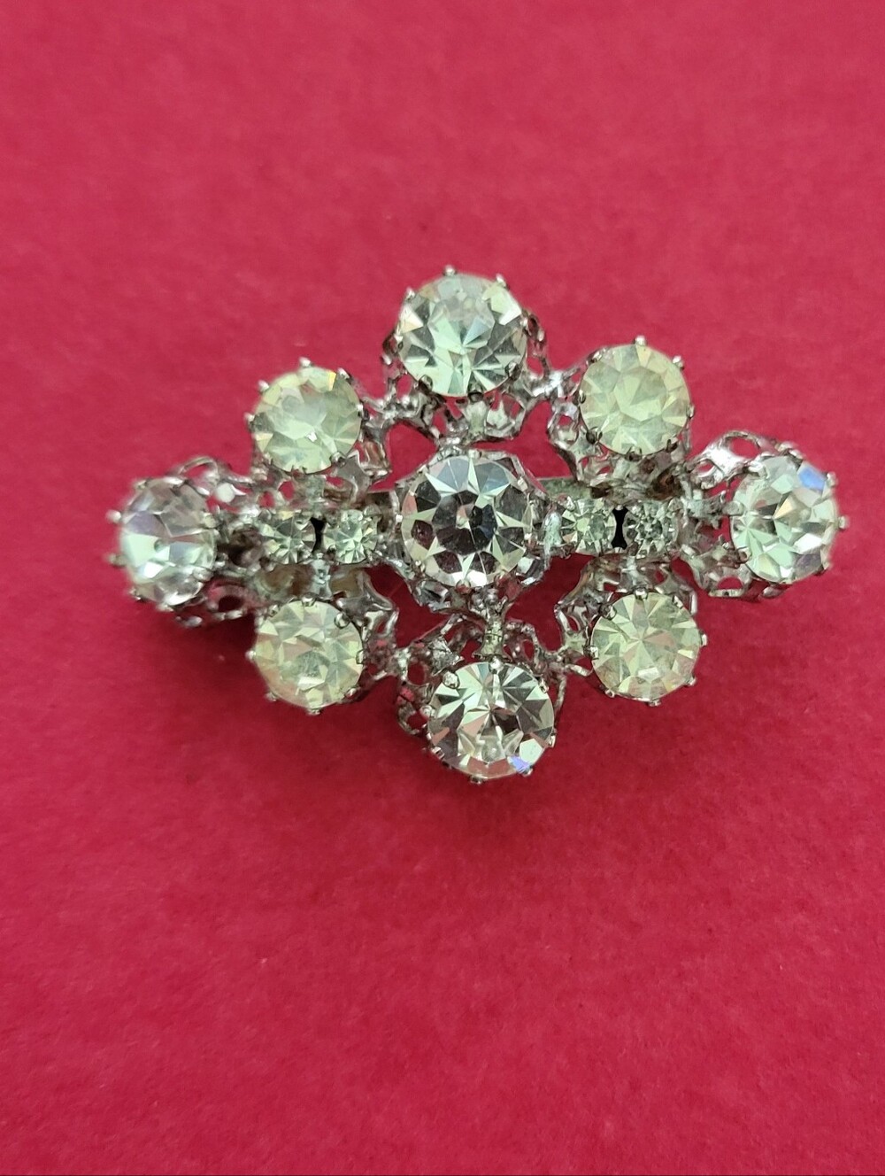 Vtg Signed Japan Clear Rhinestone Cluster Brooch Pin Prong Set 1.75" Silver Tone